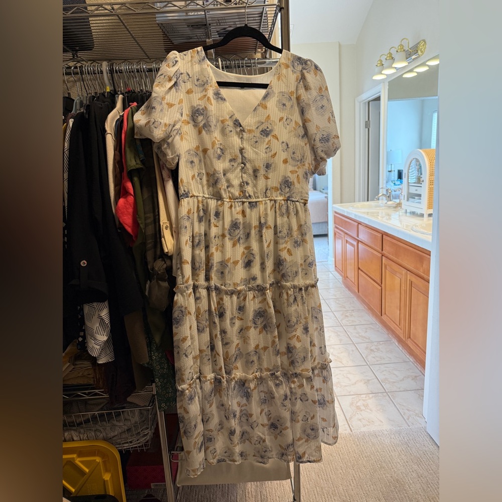 Moon River Floral Midi Dress - Cream and Blue